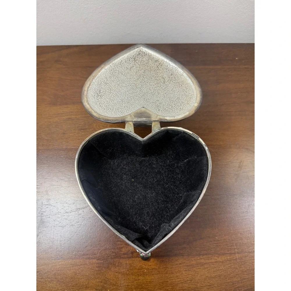 Vintage Heart Shaped Jewelry Box Silver Tone Pink Enamel Roses Footed Trink Box